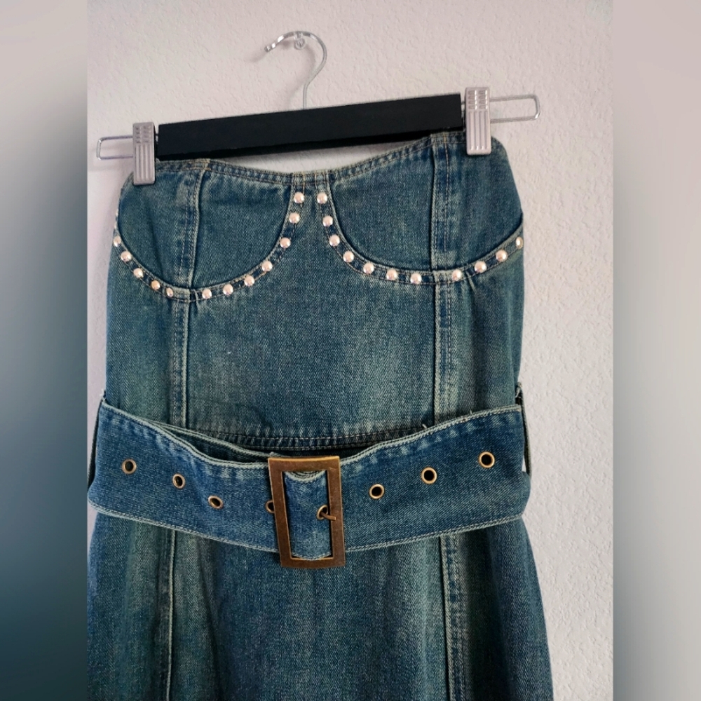 Studded Denim Strapless Dress with Belt